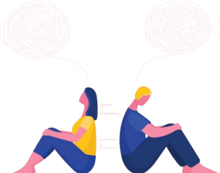 A couple sitting on a couch, facing away from each other, with a visible distance between them.